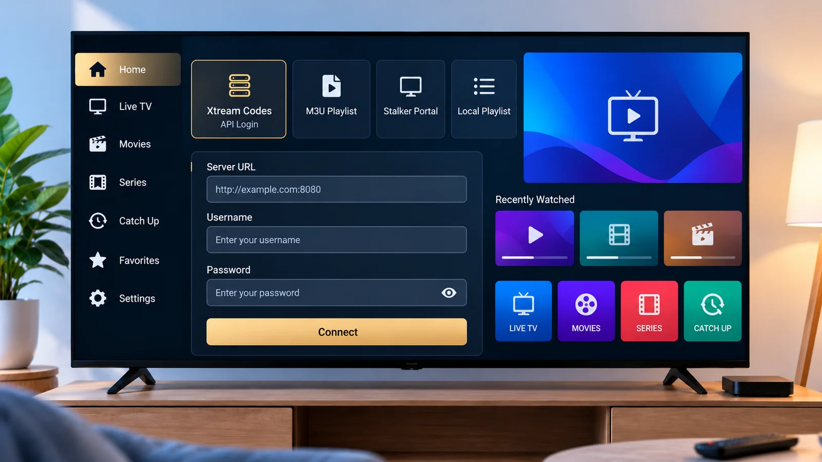 A TV displaying a fictional media player login screen with server, username, and password fields