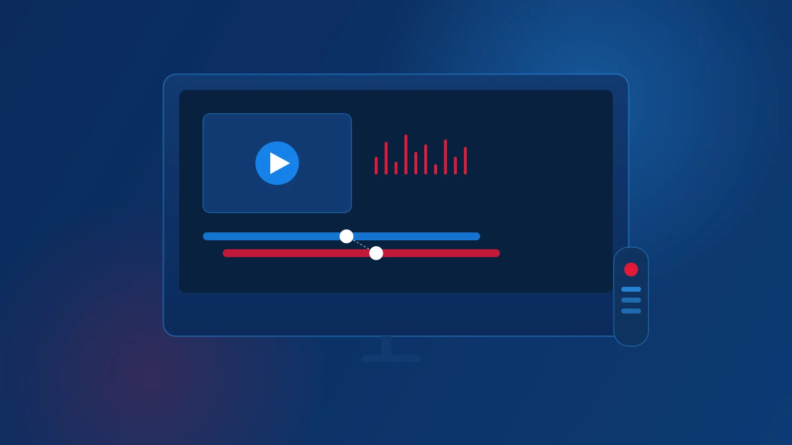 Television displaying a video player interface with an audio waveform slightly offset from the video timeline