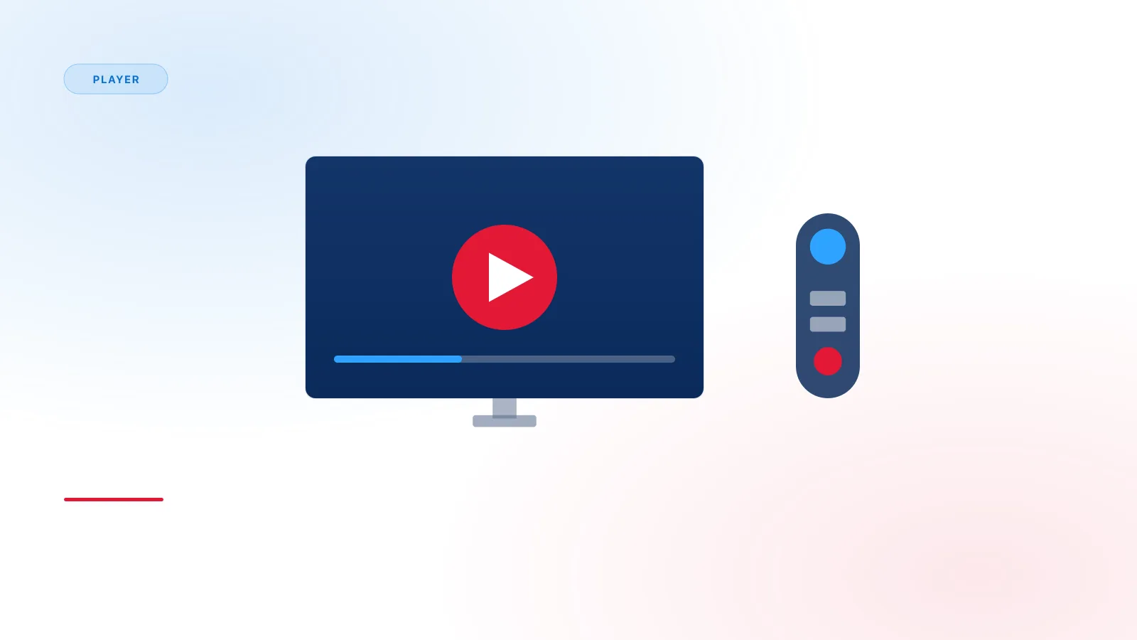 Illustration of a media player interface with a play button, progress bar, and remote control