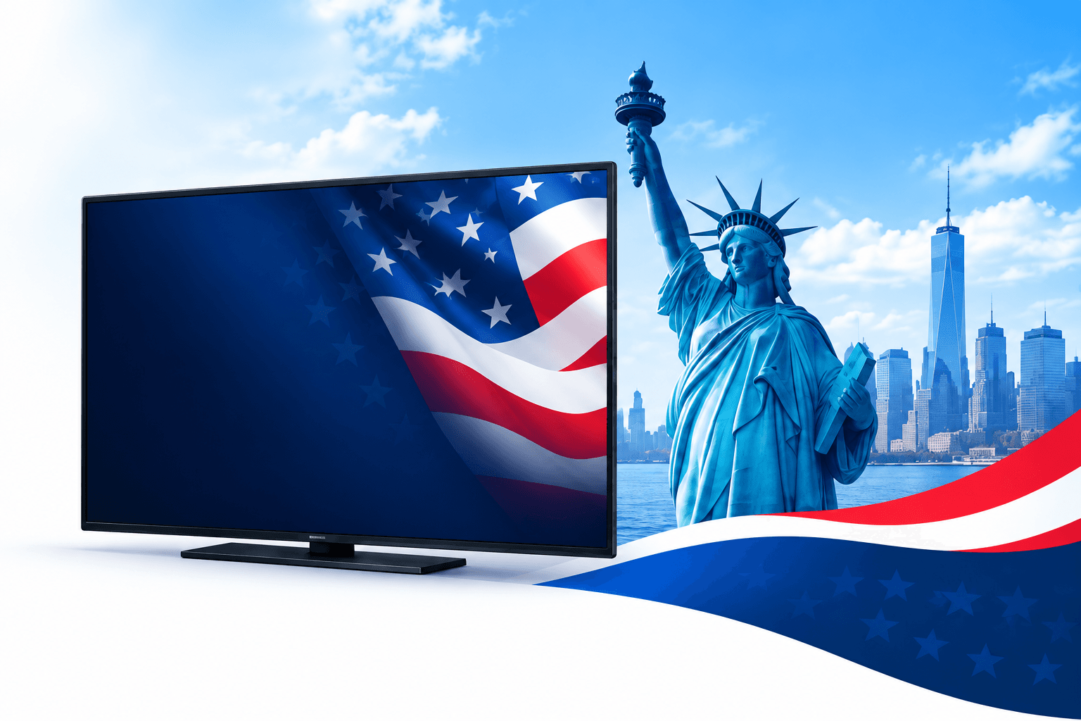 A modern TV displaying a streaming interface, with the Statue of Liberty and the New York City skyline in the background