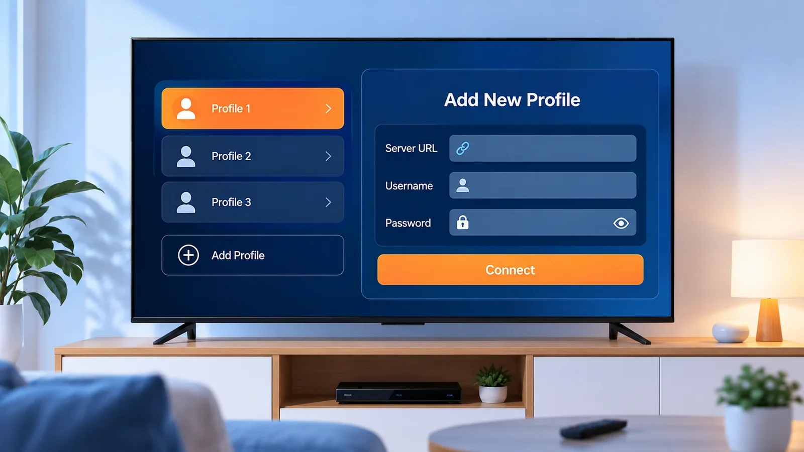 A TV displaying a fictional media player login screen with server, username, and password fields