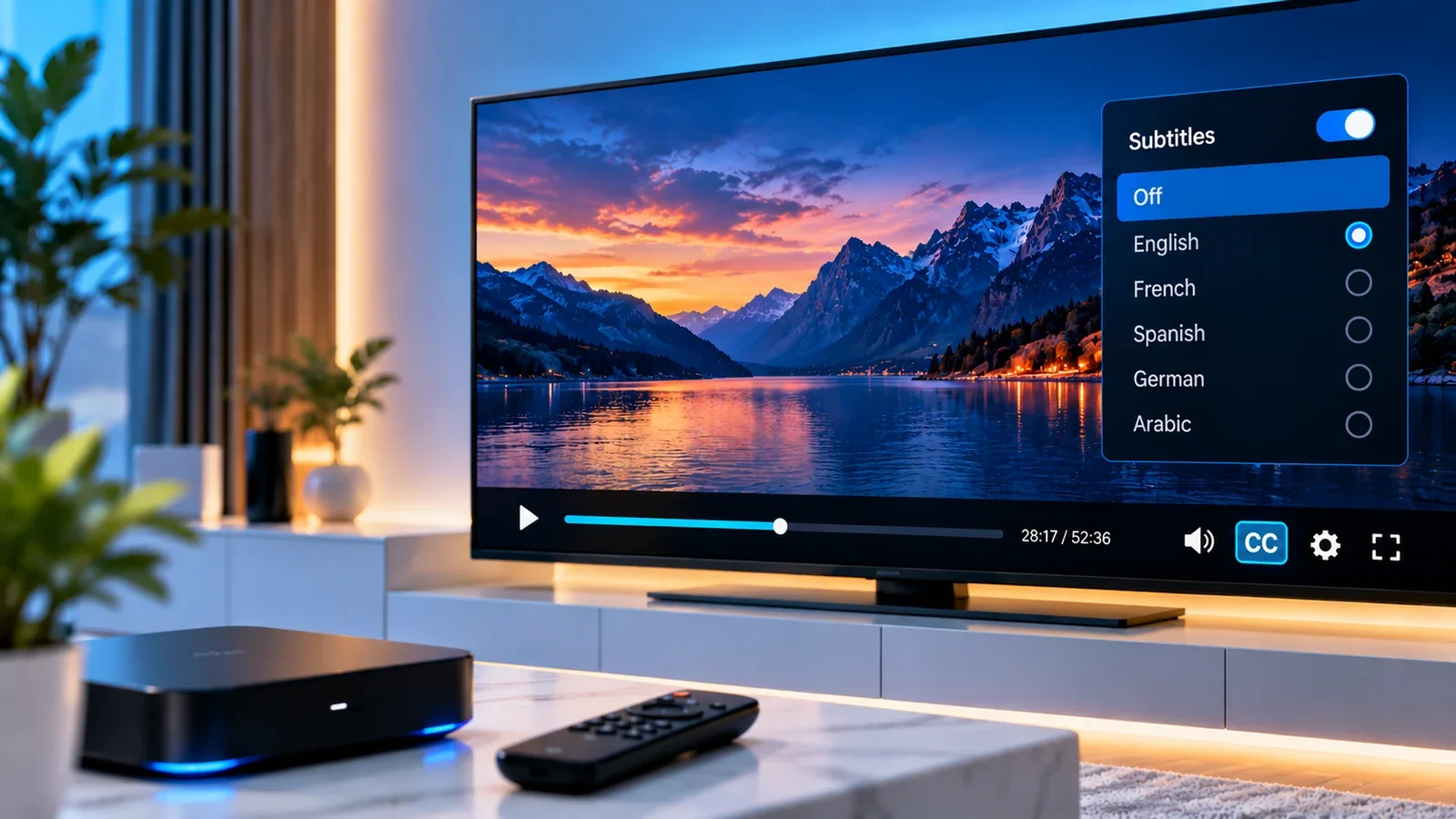 A television displaying a generic subtitle control and caption bar in a fictional video-player interface
