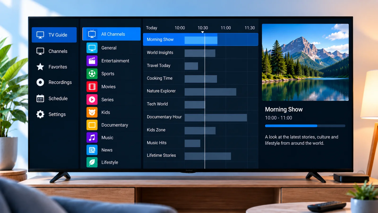 A TV displaying a fictional media player interface with channel groups and a playlist setup screen
