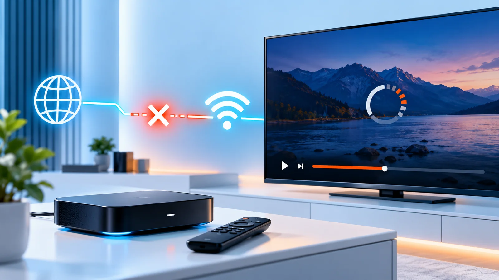 A streaming device with a visibly interrupted network connection, representing unexpected playback disconnections
